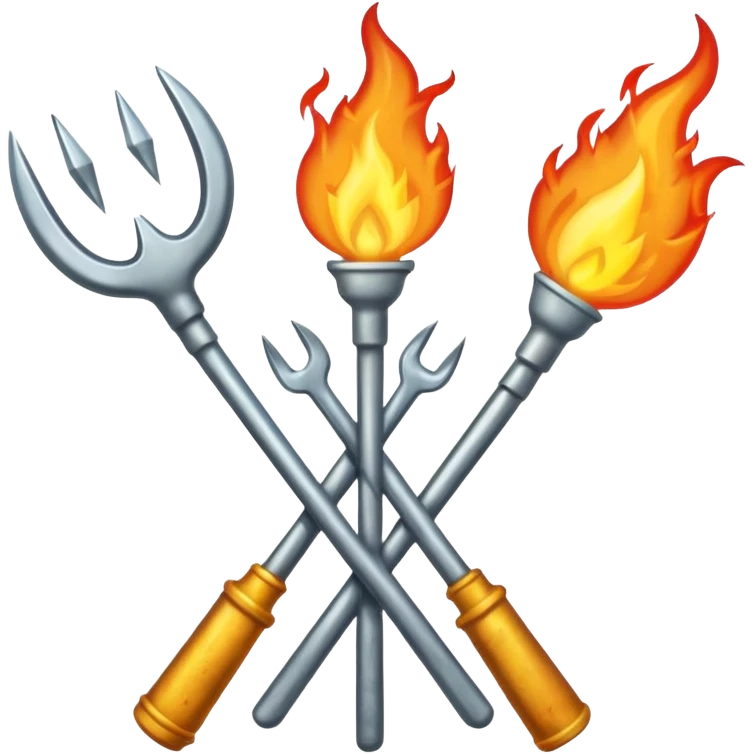 a three pronged pitchfork and a torch crossing each other to make an x emoji
