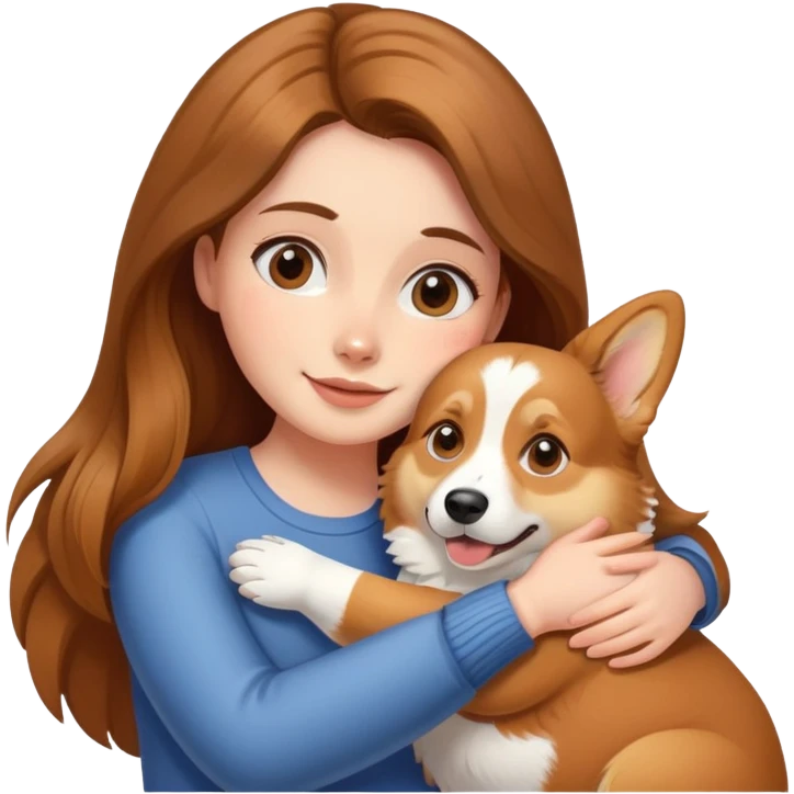 Girl with long brown hair hugs a corgi dog emoji