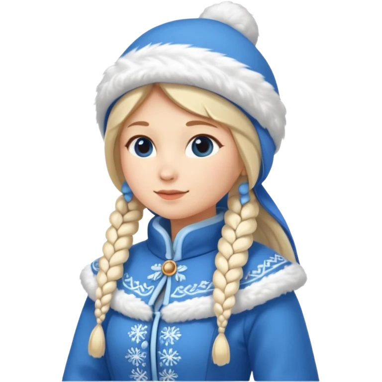 A cute Snow Maiden (Snegurochka) emoji, full body, standing in side view, wearing a traditional blue winter coat with white fur trim, long braid, and a kokoshnik-style winter hat. emoji