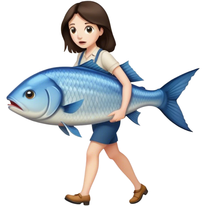 Confused Brunette Woman walking with huge fish emoji