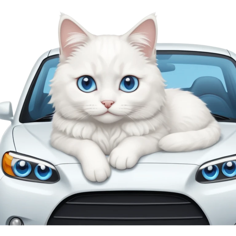 Please create a small emoji the size of 🚗 featuring a pure white cat with blue eyes on a white car side angle. emoji