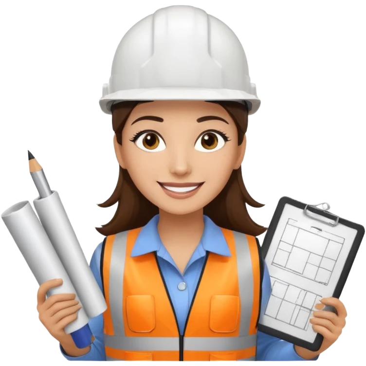 Arquitecta ojos marrones oscuros pestañas piel oliva pelo marron por los hombros sonrie casco blanco chaleco reflectante y material de dibujo técnico emoji