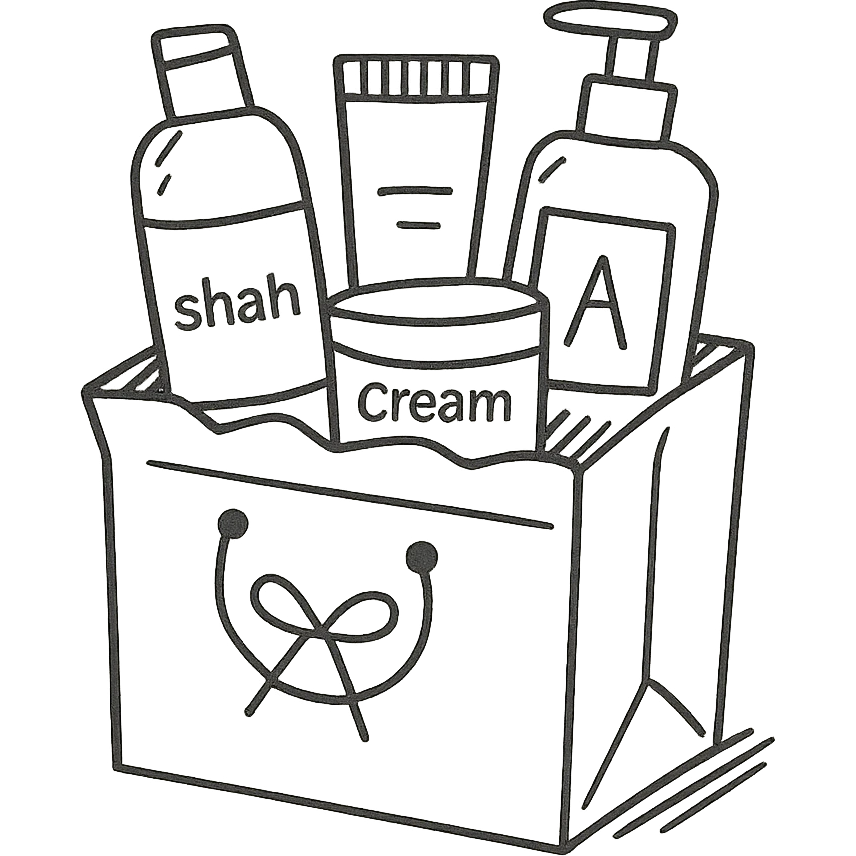 Gift bag with beauty products (shampoo, creams, styling products), a gift bag is beautyful open box full of luxury brand-labeled beauty products emoji