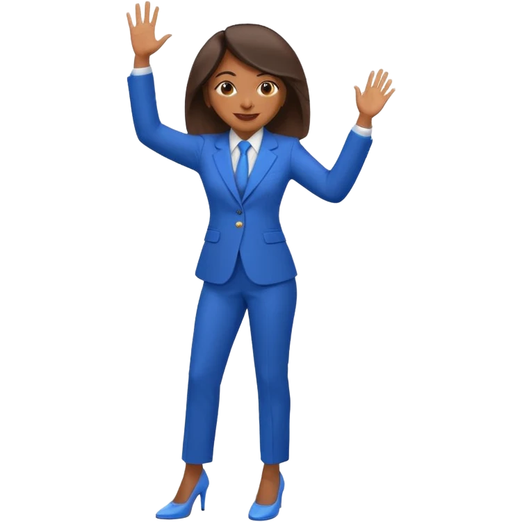 black woman in a blue smart suit and shoes, waving, friendly expression, emoji style emoji