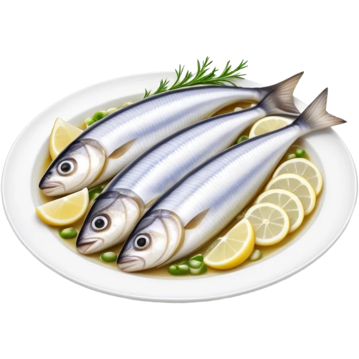 Cinematic Realistic Herring Dish Emoji, showcasing a traditional preparation of fresh herring with onions rendered with lifelike detail and cool, crisp lighting. emoji
