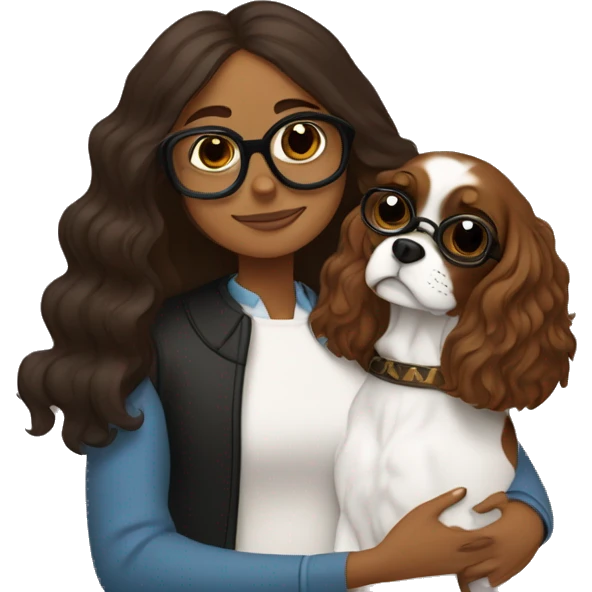 brown girl with squared glasses hugging a black and brown king charles spaniel  emoji