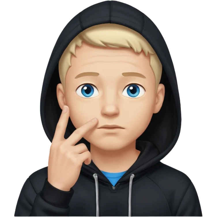 man in black hoodie in thinking pose, blue eyes, right hand raised, index finger touching his chin, eyes looking up to the top right emoji