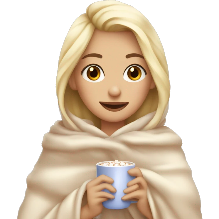 pretty blonde girl wrapped in big blanket drinking hot chocolate with marshmallows  emoji
