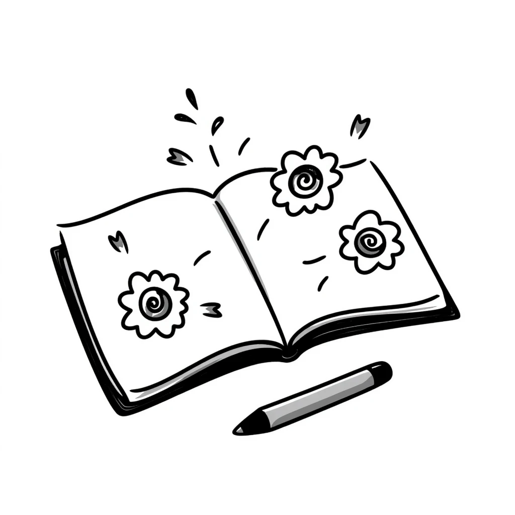 hand drawn doodle book with floral elements emoji