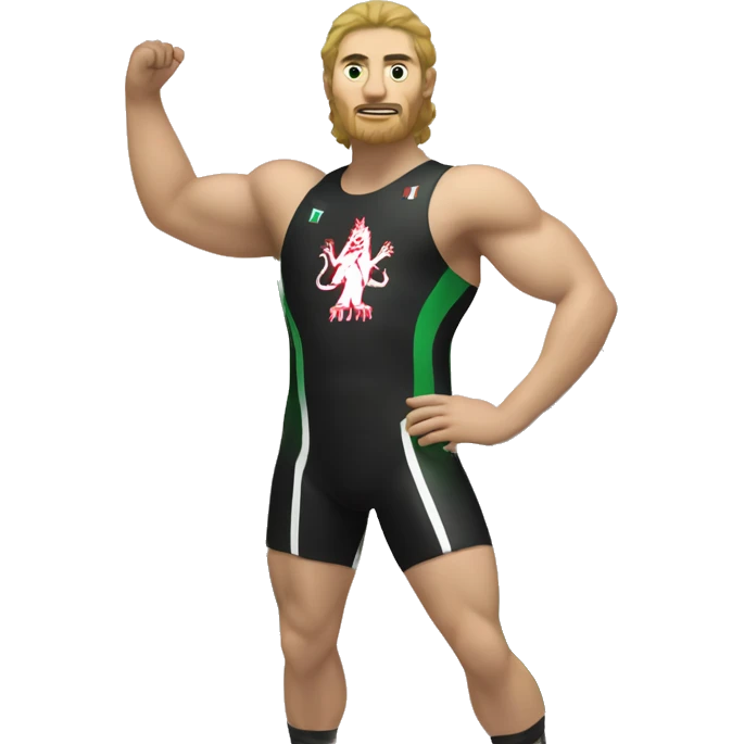 A wrestler holding the CHECHNYA FLAG green white red green with a wolf on it emoji