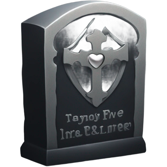 a black tombstone with the inscriptions in silver RIP and a silver heart emoji