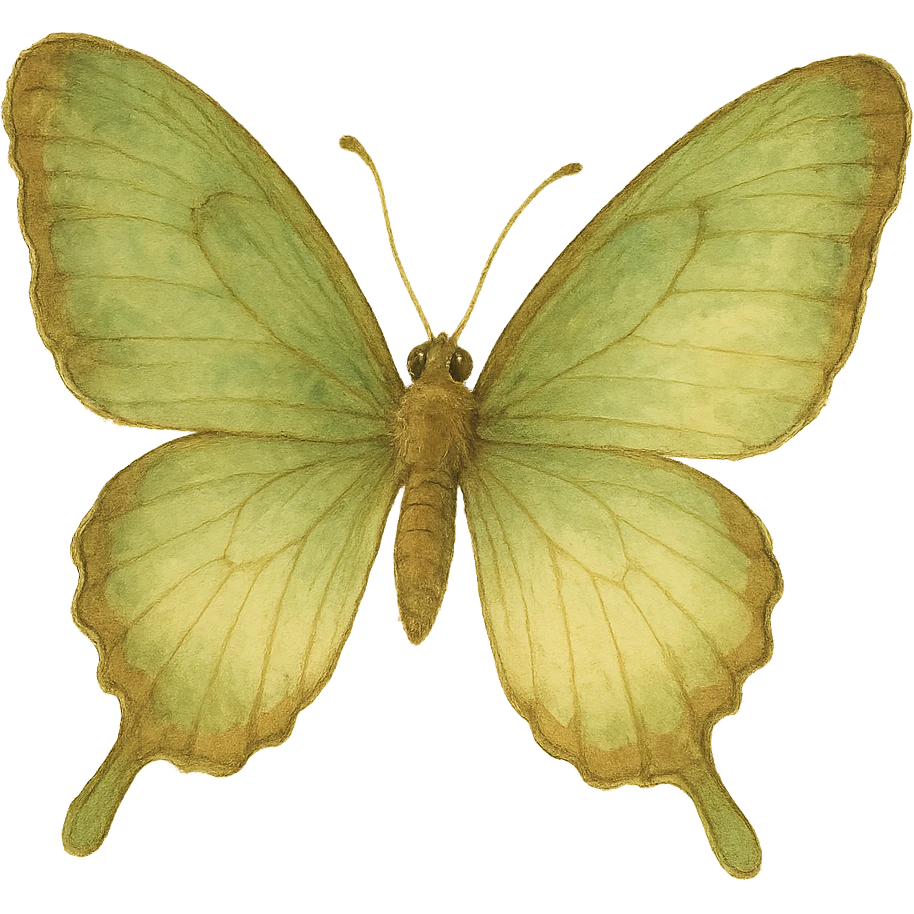 realistic whimsical green, brown and cream butterfly, natural colors, soft, fairy-like atmosphere, no background, square size emoji