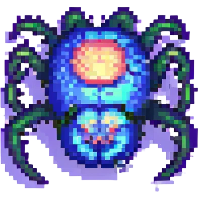 pixel art spider with glowing heat map colors, pixelated, retro game style emoji