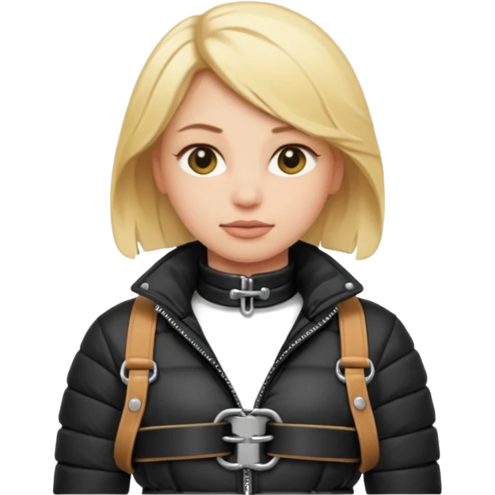 blond female emoji wearing a black down jacket, under bondage emoji