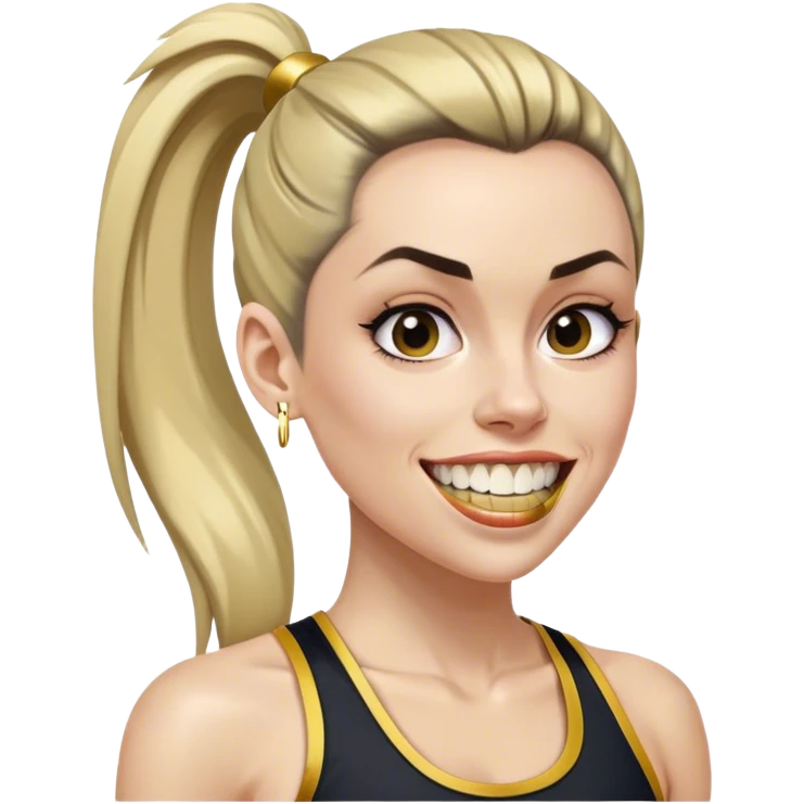 Melanie chisholm with a high ponytail wearing athletic attire and a gold tooth emoji