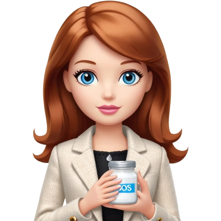 A Barbie girl with blue eyes, shoulder-length reddish-brown hair, made-up, in a white tweed jacket and black skirt, holding a jar of pale beige body cream emoji