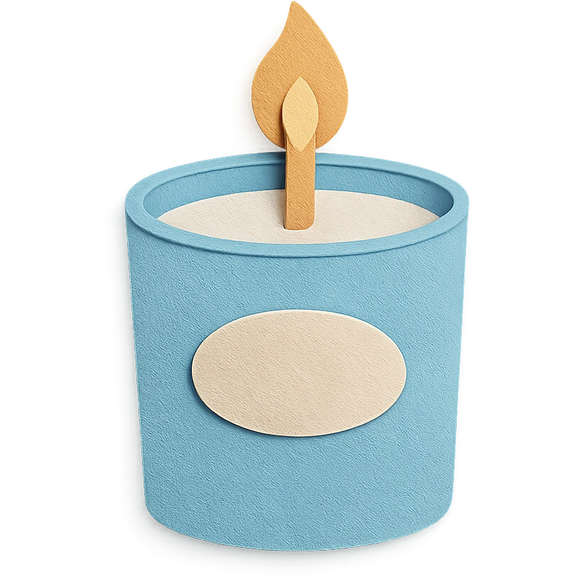 aesthetic sky blue scented candle, layered paper textures emoji