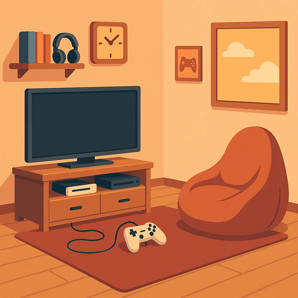 flat toon style gaming room with console, TV, and bean bag emoji