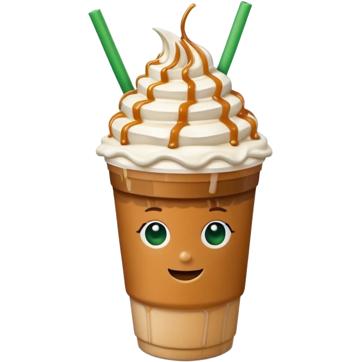 A 3D cartoon cup of caramel frappuccino topped with whipped cream and caramel drizzle, green straw, no logo, frosty texture, soft lighting, Memoji-style. emoji