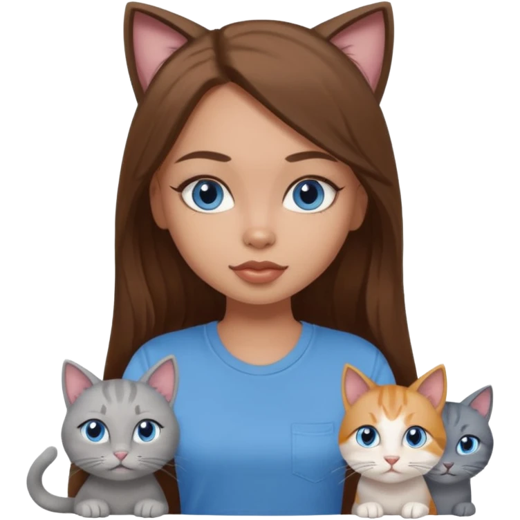 a pretty bratz dusky light skin girl with long brown hair, blue eyes with six cats nd wearing a grey tshirt emoji
