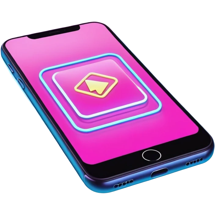 smartphone screen displaying video tutorial, pink and light blue colors, with neon glow lines, blue neon light on top left, purple neon light on bottom right emoji