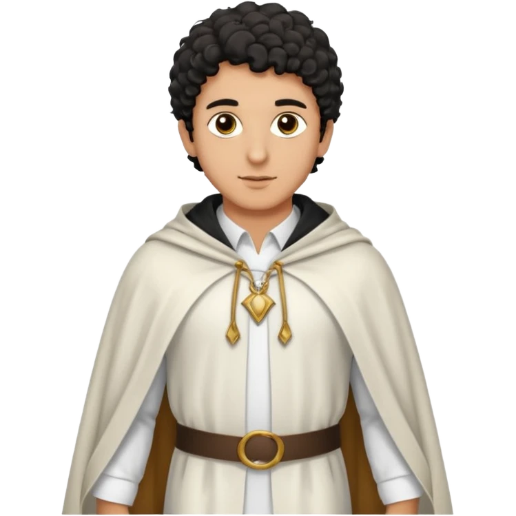 Apariencia: Joven de unos 25-30 años, atractivo,.
-Rostro: Ojos oscuros, piel ligeramente morena, rasgos árabes finos.
-Cabello: Negro, rizado corto, viste como cristiano (camisa blanca, capa corta, colores sobrios). Que salga de cuerpo completo emoji