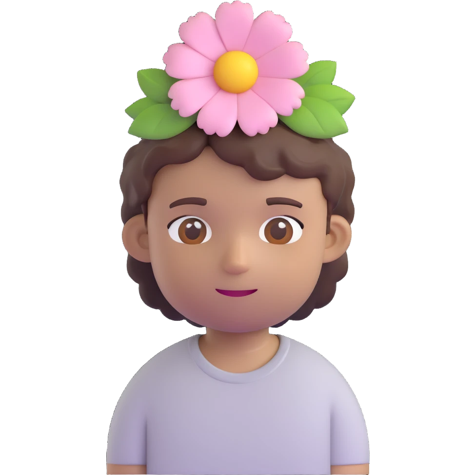 a boy with fluffy, wavy short hair and brown eyes, wearing a light grey t-shirt and a light pink flower on his head, 3D emoji style emoji