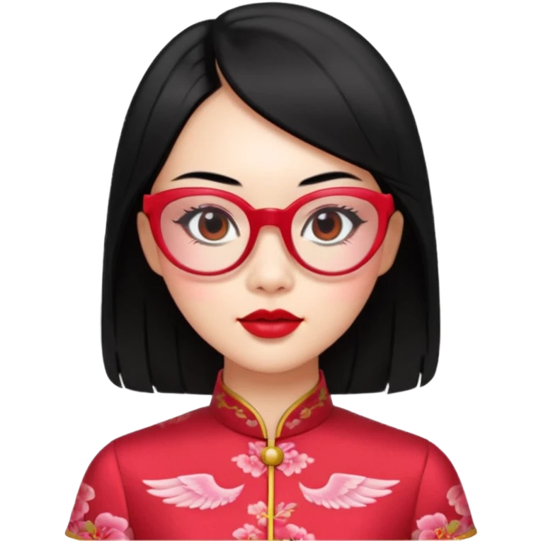 an Asian woman with mid-length black hair, wearing a red cheongsam, red lipstick, winged eyeliner, fair skin with a pink tint, small nose, full lips, transparent glasses emoji