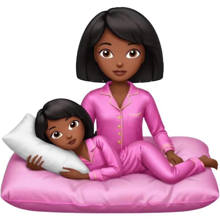 Dark skin Black barbie, short  black bob  hair, pink pajamas laying on pillow  emoji