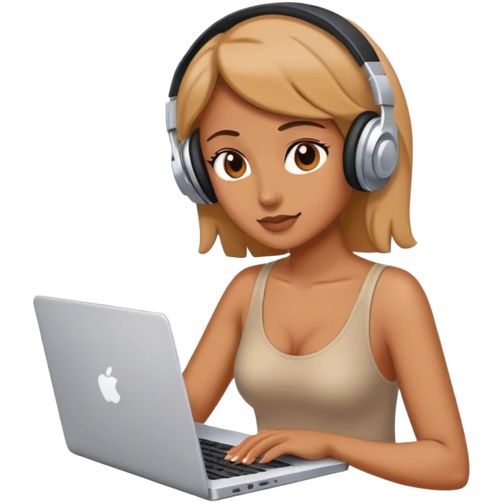 a woman working with laptop listening to music emoji