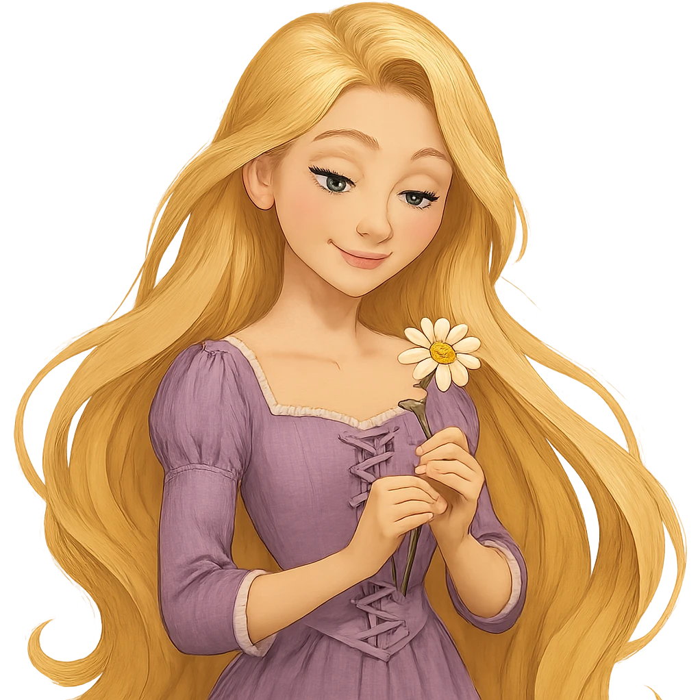 a girl resembling Rapunzel with flowing blonde hair, holding a flower, gentle smile emoji