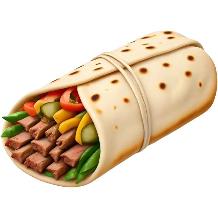 Cinematic Realistic Shawarma Dish Emoji, showcasing spiced, succulent meat wrapped in flatbread with fresh vegetables rendered with lifelike detail and dynamic, appetizing lighting. emoji