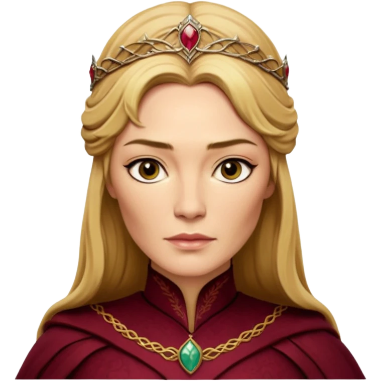Cinematic Realistic Cersei Lannister Portrait, depicted with lifelike skin texture, subtle rosy undertones, and soft natural lighting that enhances the gentle contours of her face. Her intricately detailed golden blonde hair is elegantly styled , emoji