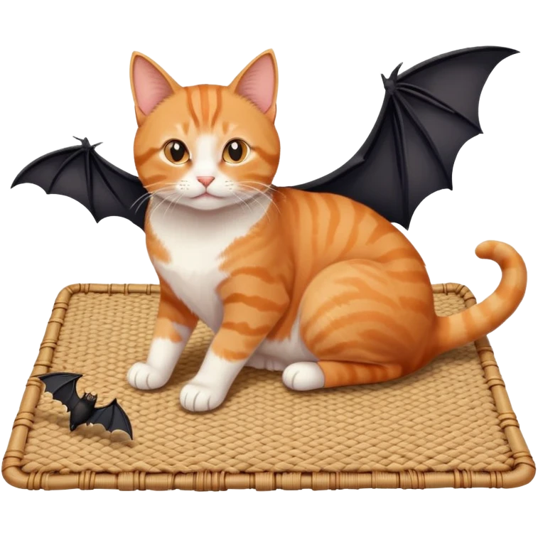 cat sitting on a mat with two bats flying nearby emoji