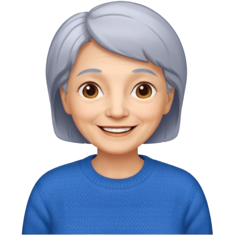 Old woman, happy, blue sweater, short straight hair
 emoji
