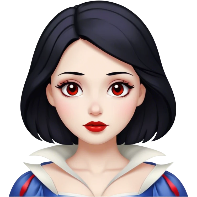 Cinematic Majestic Snow White Portrait Emoji, rendered in a clean, vector-style with bold, simplified shapes. Show Snow White with a serene, noble expression, radiant porcelain skin, and elegantly styled raven hair accented with subtle red highlights, her attire simple yet refined. The design radiates a majestic, pure glow with high shine and a soft glowing outline, embodying classic royal beauty. emoji