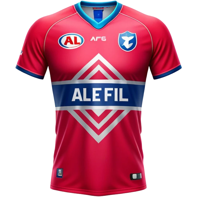 Cinematic Realistic image of an AFL jersey rendered in vibrant team colors with detailed fabric textures and dynamic creases, illuminated by bold, stadium lighting that accentuates its sporty character emoji