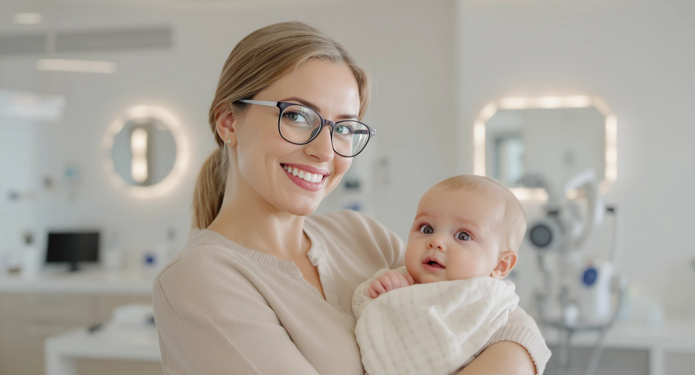 Cinematic still, Proffesional advertising of a smiling european white woman with glasses smiling holding baby, minimalistic ophthalmologist interior in background, leading  lines, "rule of thirds", 60/30/10 colors, soft light, warm colors emoji