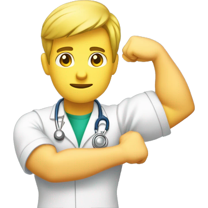 young male doctor flexing one of his biceps, yellow skin, using 2 colors: #ff9800 and #32b5a5 emoji