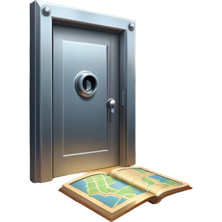 An icon representing an urban escape room adventure, with a locked door, mysterious clues, and a flashlight. Around the design, hidden symbols and a map guide the way through an indoor or city-based quest. A dynamic, immersive look, evoking thrill and the challenge emoji