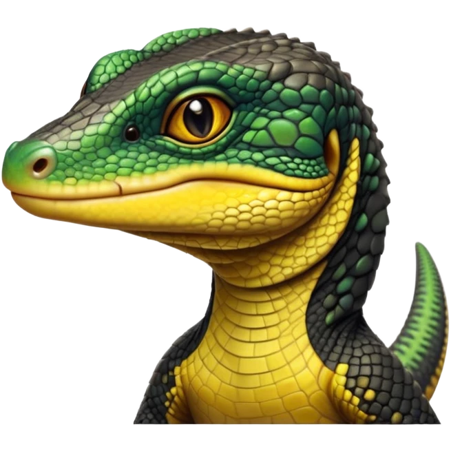 cinematic-realistic-cute-monitor-lizard-portrait-emoji,-head-tilted-playfully-and-inquisitively,-featuring-a-compact,-agile-body-with-finely-detailed,-glossy-scales-in-earthy-black and yellow-hues-and-a-distinct,-alert-face-with-bright,-curious-eyes, black , yellow spotted and green band  scales and a slender neck emoji