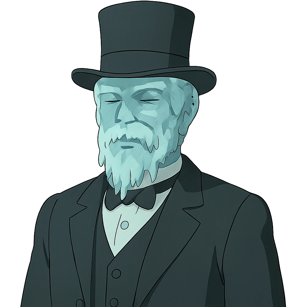 ghibli style frozen man in a black and white suit with a top hat emoji