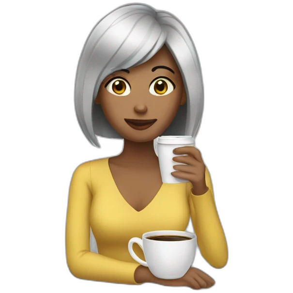 Woman black hair computer and drinking coffee emoji