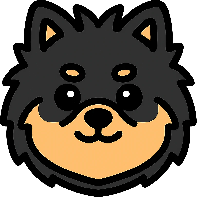 fluffy black and tan Pomeranian dog face, large round eyes, black button nose, tan muzzle, tan eyebrow spots, thick fluffy fur, upright tousled ears, friendly and cute emoji