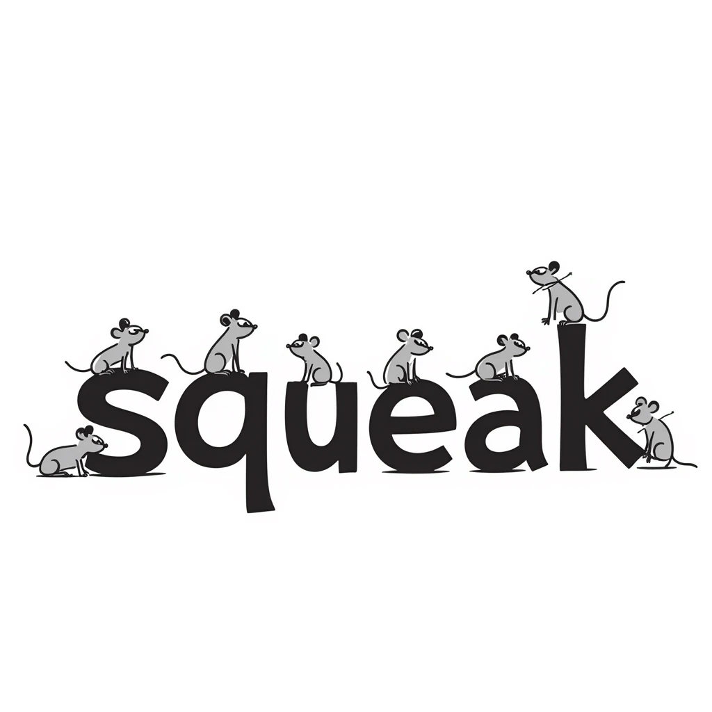 the word 'squeak' illustrated in a playful doodle style with hand drawn text emoji