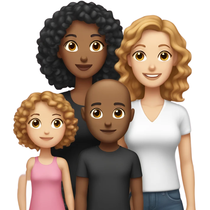 Mixed race mum with curly hair, wearing black, white dad who is bald with ginger beard and blue eyes wearing white and two daughters with tanned skin, light brown hair and wearing pink emoji