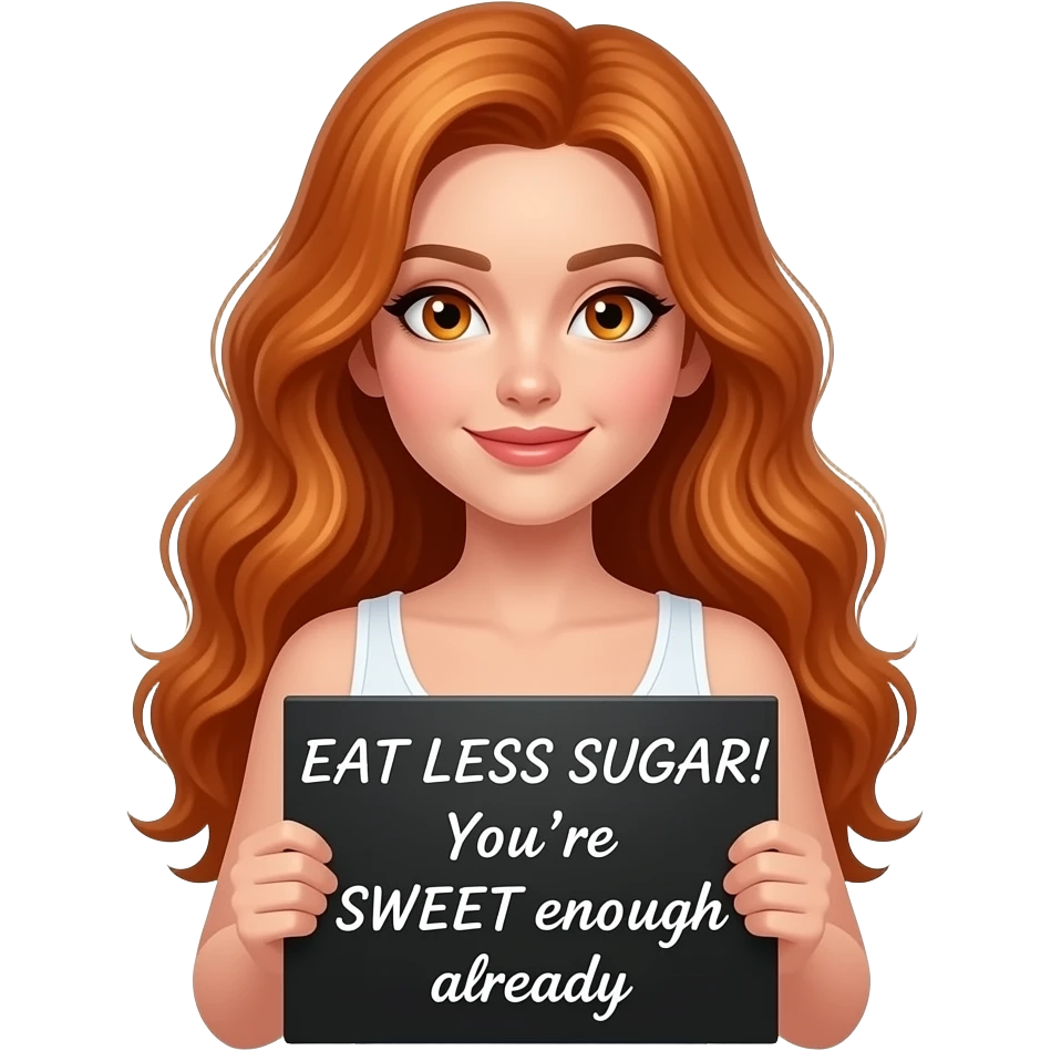 sexy girl with long wavy ginger hair and ginger eyes wearing a white tanktop is holding a black colored sign with EAT LESS SUGAR! You're SWEET enough already written on it emoji