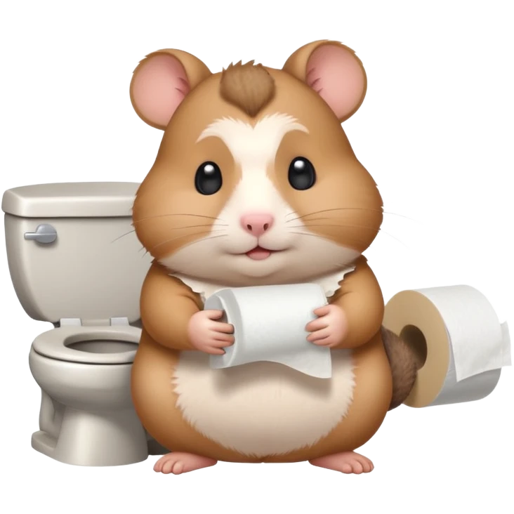 Cute chubby cartoon-style hamster sitting on toilet pooping holding toilet paper looking as if he had an accident, sticker-style illustration emoji