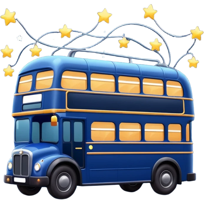 A dark blue double decker bus with cute cosy twinkle lights emoji