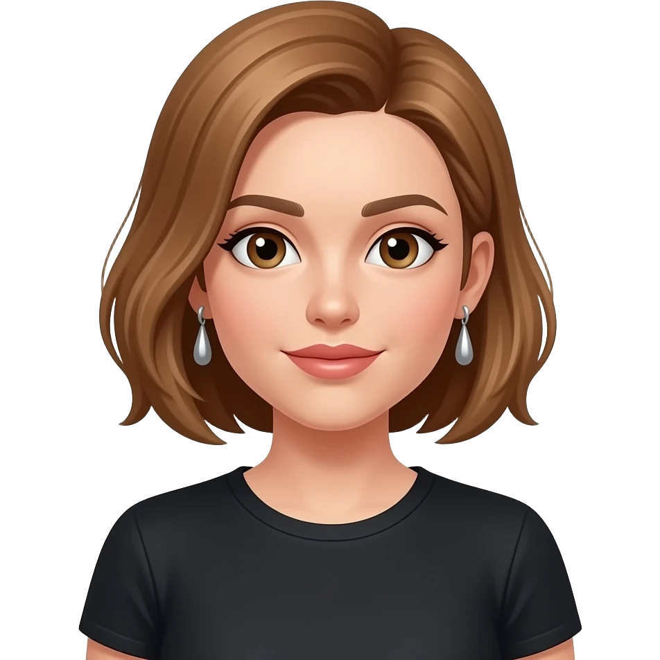 femme cheveux chatains blonds au carré, raie sur le côté droit, yeux marrons, lèvres fines, t-shirt noir, boucles d'oreilles pendantes en argent, g emoji